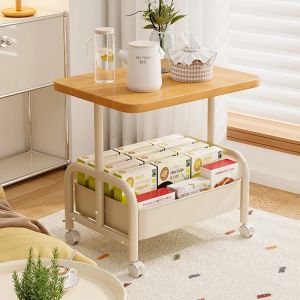 Mobile Double Layer Tea Table Small Cart Side Table Living Room Sofa Storage Wheel Tea Desk Bedroom Shelf Small Table Vintage Style