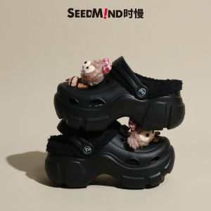 Womens Winter Fleece Lined Removable Slippers Black Outdoor Wear Increased Cotton Slippers Plush High Heel Removable