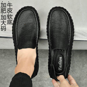 Mens Wide Toe Leather Shoes Comfortable Soft Surface Large Size Dad Casual Slip-On round Toe Flat Heel Breathable Rubber Sole