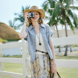 XIANGYING | Summer New Style Loose Boho Short Sleeve Light Blue Shirt