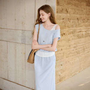 XIANGYING | Blue Cotton Fake Two-Piece Dress