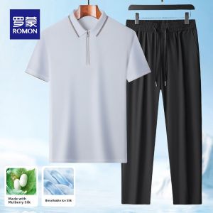 ROMON | Lormen Mens Polo Shirt Ice Silk Thin Summer Sportswear Casual Short Sleeve Long Pants Two-Piece Set For Middle-Aged People