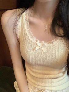 PEIXI | White Bow Lace Edging Knitted Camisole