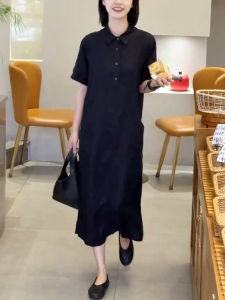 UYFY | Black Polo Collar Dress Womens Summer New Style Casual Loose Fit High Waist Long Skirt Versatile Artistic Elegant Design