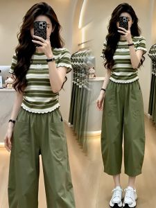 YOUFAN | Fashionable Korean Style Summer T-shirt and Wide Leg Pants Set