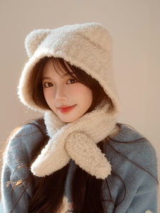 Thickened Knitted Bear Ear Scarf Hat Integrated Cap Sweet Cute Style Winter Warm Ear Protection for Women And Girls