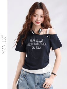 YOUXIANG | Áo Thun In Hình Dáng Suông Cổ Trụ Xệ
