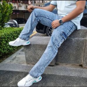 Mens denim cargo 6 pocket pants regular fit Kain lembut berkualiti