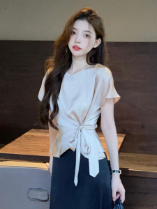 French Entry Lux Fancy Short-Sleeved Shirt for Women Outwear Mature Elegant Commuter Top Acetate Satin Anti-Wrinkle Shirt