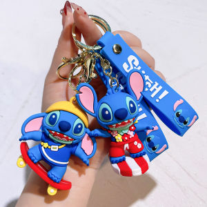 Cartoon Disney Lilo & Stitch Silicone Pendant Keychain for Women Men Fans Lovely Blue Purple Stitch Angel Keyring Gift wholesale