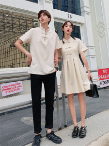 New Chinese Style Couple Matching Short Sleeve Dress Set Womens Spring Festival Clothes Elegant Pure Color Fairy Skirt