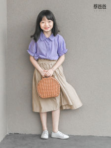 Cai Dad Original Girls Summer Cotton Half Skirt Khaki A-Line Skirt Cool Fabric Artistic Style Childrens Clothing Skirt