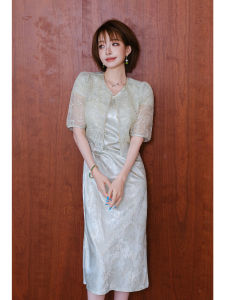 Embroidered Lace Cheongsam Dress Short Sleeve