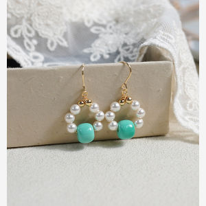 Elegant Sweet Blue Turquoise Earrings 14K Gold Plated Triple Stone Simple Stylish Ear Jewelry Fresh out Fashion Accessories