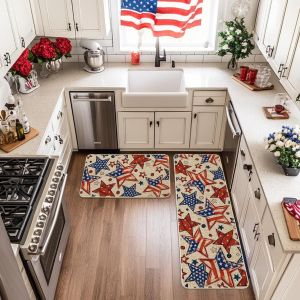 VIKAMA American Independence Day Patriotic Kitchen Mat Red Blue Star Non-Slip Oil Proof Runner Rug for Party Festival Decor