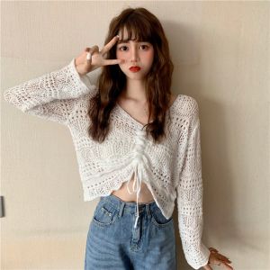 MC BJ1721 Baju Blouse Sweater Serut CropTop Atasan Long Sleeve Lengan Panjang Korea Berongga