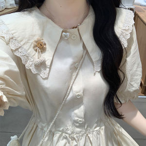 Womens Older Childrens Dress Summer Long Dress Junior High School Student Doll Collar Lace Edging Long plus Size Preppy Style