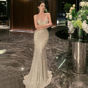 Mermaid Flash Sequins Dress Midriff Outfit Party Dress Heavy Industry Dinner Dress Engagement Dress