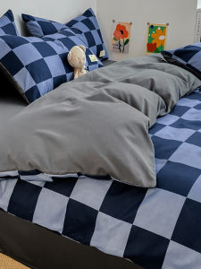 Single Quilt Cover Single Piece Gingham Washed Cotton Master Bedroom Quilt Cover Bed Sheets Four-Piece Bedroom 1.5x2m Three-Piece Set Blue