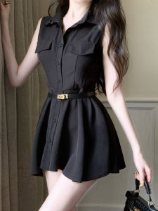 Slimming Effect Summer French Polo Neck Design Sleeveless Waist Cinched Shirt Dress with Belt High Waist A-Line Skirt Short Dress