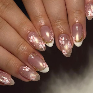 24pcs Nude Pink False Nails Press on Gilded Bow French Tips Fake Nails Art Glitter Cats Eye Almond Nail with Polka Dot Manicure