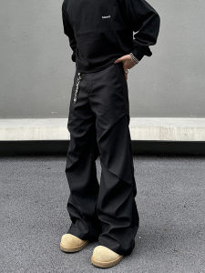 American Retro Black Workwear Pants Mens Folded Loose Flared Cleanfit Casual Trousers Straight Leg Zipper mid Waist Long