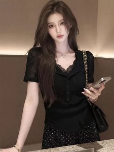 SHIMANQING | Oversized Lace V-neck T-shirt Design Short Sleeve T-shirt Stylish Slimming