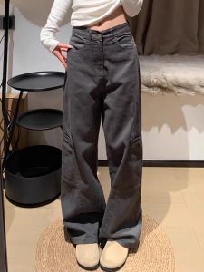 กางเกงยีนส์ทรงหลวมสไตล์อเมริกันย้อนยุคสำหรับผู้หญิงไซส์ใหญ่ กางเกงขายาวทรงตรงทรงหลวมสำหรับฤดูใบไม้ผลิและฤดูใบไม้ร่วง