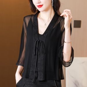 Áo Chống Nắng Áo Khoác Mẫu Ngắn Cho Nữ Áo Cardigan Phối Ngoài Áo Choàng Mùa Hè Áo Kiểu Tây Kiểu Trung Quốc Mới Cho Mẹ TRUNG NIÊN Mỏng