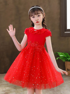 Princess Dress for Girls Spring Summer Floral Lace Collar Little Girl Fashionable Dress Red Sequin Trendy Tulle Skirt