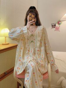 Extra Large Size Sweet Sleepwear Womens Long Sleeve Lace Home Clothes Set Anti-Bulge Comfortable Loose Fit for Autumn Winter