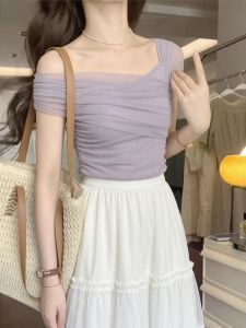 CHOEFULYN | Elegant Purple Lace Trim Asymmetric Shoulder T-Shirt