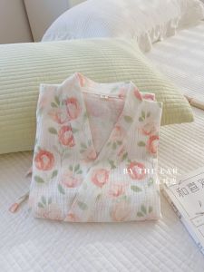 Pure Cotton Sleepwear for Women Loose Fitting Casual Home Use Summer Floral Printed Kimono Style Nightgown with V-Neck