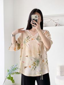 New Chinese Style Loose Fit Short Sleeve Womens T-shirt Summer Fashion plus Size Artificial Cotton Shirt Top Slimming Effect