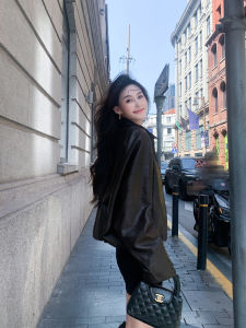 Cool Leather Jacket Womens Compact Spring Autumn New High-End Sensation This Years Popular PU Leather Jacket Commute Style Loose Fit Long Sleeve Zipper Short Length