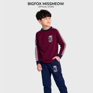 Quần áo thu đông bé trai size đại Bigfox Miss Meow bộ dài tay cho bé vải cotton kẻ sọc in số 9 size 34 11 tuổi