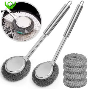 Polocat Long Handle Pot Brush Kitchen Pan Pot Dishes Cleaning Reusable Brush Steel Wire Metal Wool Scourer Strong Decontamination Cleaning Brush