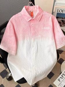 Trendy Oversized Mens Gradient Color Five-Quarter Sleeve Shirt Casual Summer Short-Sleeve Collared Loose Fit Top