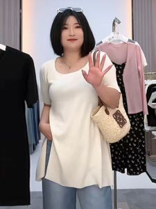 เสื้อยืดแขนสั้นทรงหลวมสำหรับผู้หญิงไซส์ใหญ่ ทรงเข้ารูป ปกปิดหน้าท้อง ดีไซน์ไหล่ ทรงเข้ารูป แขนสั้น คอกลม สีพื้น