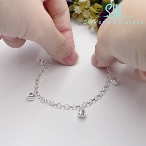 SilverWholesale #BB128 Original Silver Baby Anklet Bracelet With Four Love-Heart Shaped Bells (Gelang Kaki/Tangan untuk Baby)