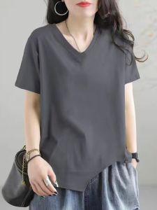 Loose Cotton V-Neck Short Sleeve T-Shirt Womens plus Size Heart Collar Casual Comfortable Pure Color Summer Top Female