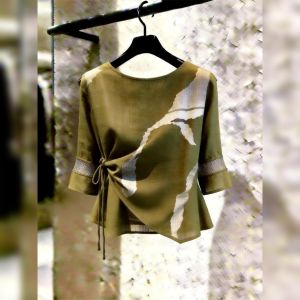 French Style Green Printed Blouse 3/4 Sleeves