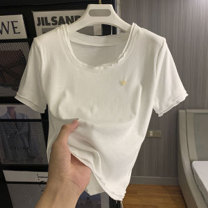 Áo Thun Cotton Lanh Tre Tay Ngắn Dáng Ôm Cho Nữ Mùa Hè Cổ Tròn Ren Gỗ Phong Cách Hàn Quốc Chất Liệu Khác Màu Trơn