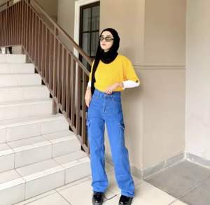 Celana Jeans Cargo Highwaist Wanita Loose-Cargo Jeans Wanita Kekinian
