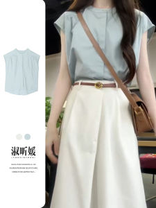 Elegant Blue Short Sleeve Shirt Womens Summer New Design Sensation French Style Shirt Sweet Japanese Style Slim Fit Polyester Cotton Blend