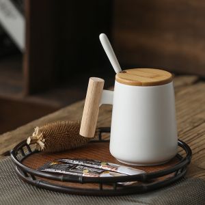 450ML Vintage Wooden Handle Ceramic Coffee Mug Nordic Design Lid Porcelain Tea Milk Cup Drinkware Gift for Couple Office