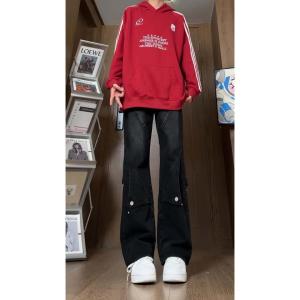 Retro Patchwork Mens Jeans Vintage American High Street Vibe Straight Leg Micro Flared Pants Youthful Trendy Wear Resistant