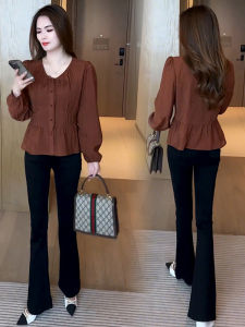 Fashionable Anti-Aging Shirt Set Womens High Waist Slimming Micro Flare Pants Two Piece Set Early Autumn New Style High End Feeling