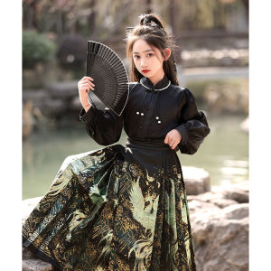 Girls New Chinese Style Tang Suit Set Gold Weave Improved Mǎ Fán Qún Summer Childrens Ancient Costume Hanfu Large Children