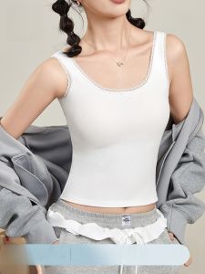 MiiOW | Fashionable Lace Strap Vest Womens One-Piece Sweet Style Cotton Blend Elastic Fabric U-Neck Short Length Casual Wear